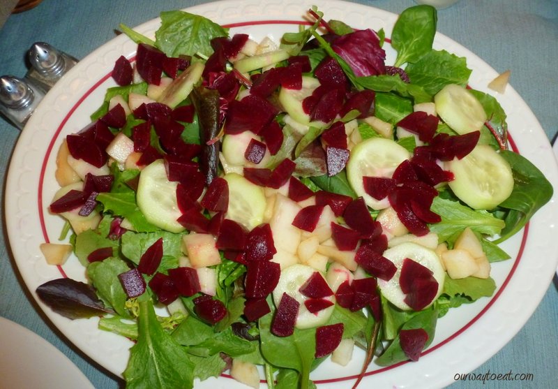 Beet, Bosc Pear and Cucumber on Mixed Greens