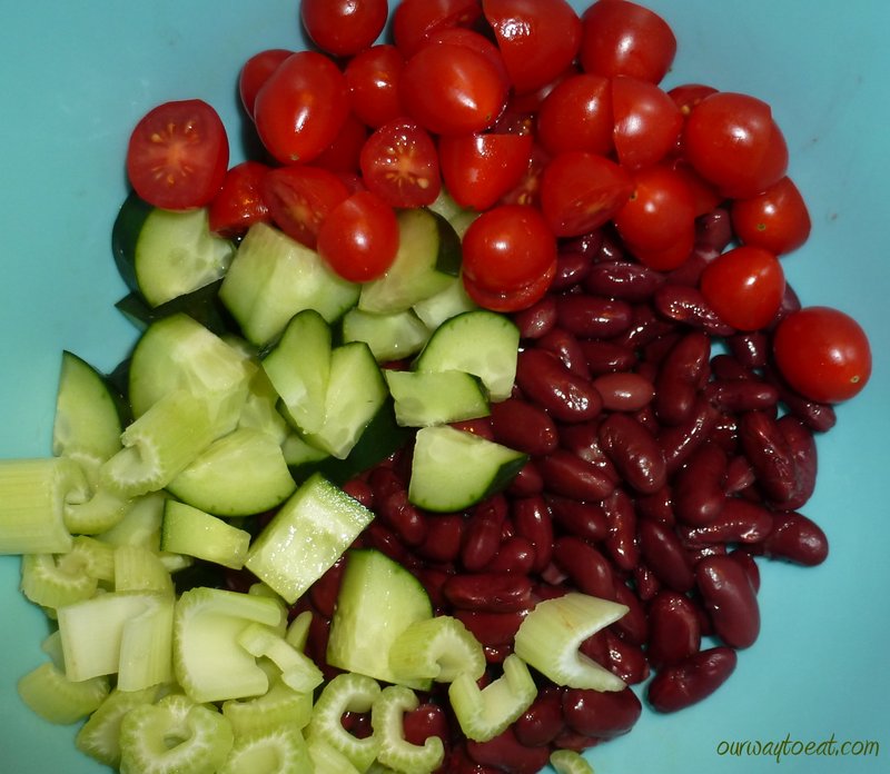 Cukes, Halved Grape Tomatoes, Celery Chunks and Kidney Beans